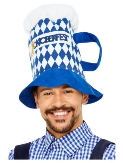 Smiffys Chapeau à Bière à Carreaux Oktoberfest, Bleu Et Blanc, Poignée