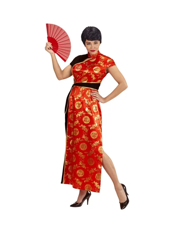 WIDMANN Déguisement Chinoise Femme (robe Rouge Et Noire) 2 WIDMANN Déguisement Chinoise Femme (robe Rouge Et Noire) – Image 2