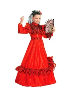 WIDMANN Déguisement Espagnole Fille Rouge Et Noir (robe Avec Jupon, Ceinture, Coiffe Avec Voile)