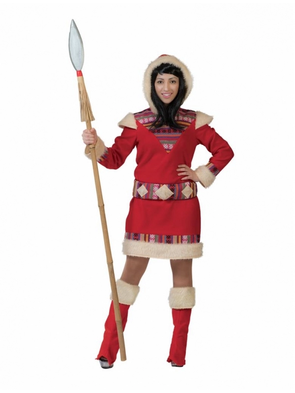 Déguisement Esquimau Femme Rouge - Motifs Ethniques Et Fausse Fourrure 2 Déguisement Esquimau Femme Rouge - Motifs Ethniques Et Fausse Fourrure – Image 2