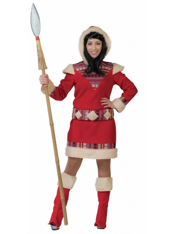 Déguisement Esquimau Femme Rouge - Motifs Ethniques Et Fausse Fourrure 1 Déguisement Esquimau Femme Rouge - Motifs Ethniques Et Fausse Fourrure