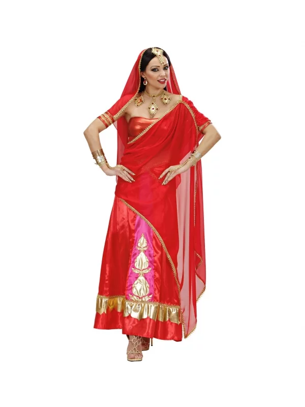 WIDMANN Déguisement Hindou Rouge, Femme (top, Jupe, Bande Voilée, Couvre-chef Avec Voile, Bracelets, Gants, Nu-pieds) 4 WIDMANN Déguisement Hindou Rouge, Femme (top, Jupe, Bande Voilée, Couvre-chef Avec Voile, Bracelets, Gants, Nu-pieds) – Image 4