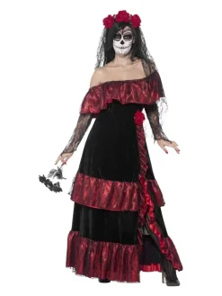 Smiffys Déguisement Mariée Jour Des Morts Femme Rouge Et Noir (robe Et Voile Avec Roses)