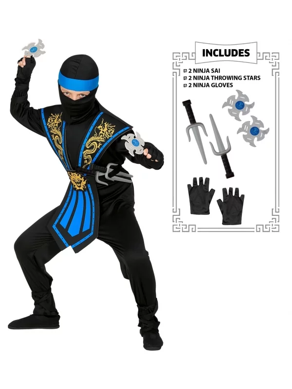 WIDMANN Déguisement Ninja Garçon, Bleu Et Noir Avec Armes 1 WIDMANN Déguisement Ninja Garçon, Bleu Et Noir Avec Armes