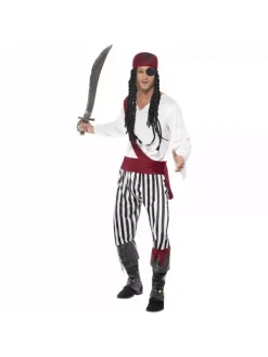 Smiffys Déguisement Pirate Rayé Blanc Et Noir Homme (chemise, Pantalon, Ceinture, Couvre Tête)