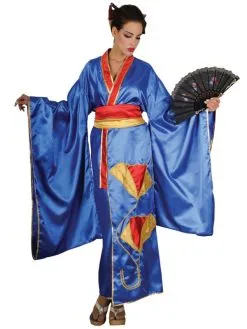 Kimono Geisha Bleu Satiné Pour Femme