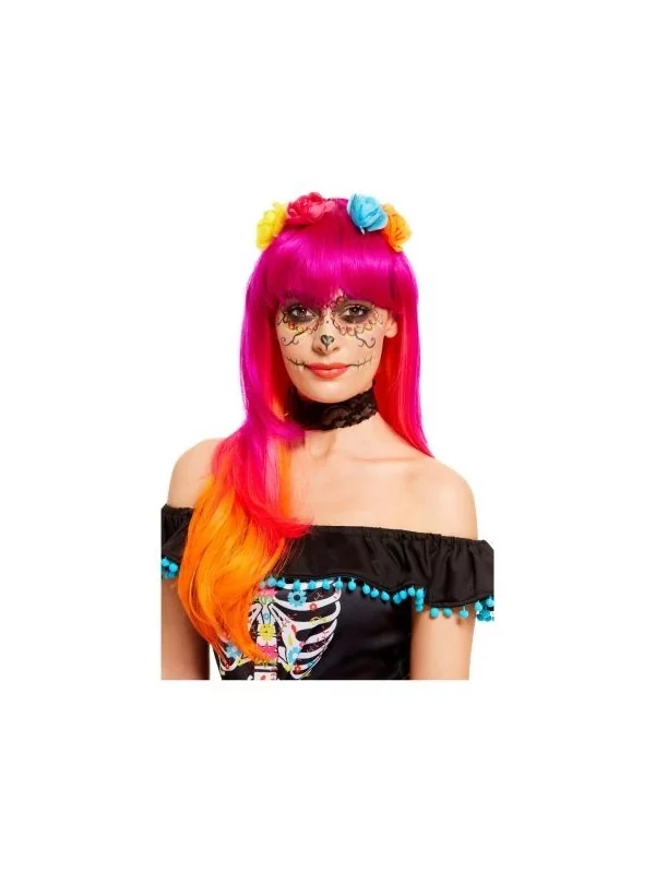 Smiffys Perruque Du Jour Des Morts Rose Et Orange Avec Des Fleurs 3 Smiffys Perruque Du Jour Des Morts Rose Et Orange Avec Des Fleurs – Image 3