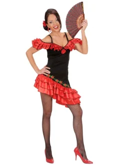 WIDMANN Robe Espagnole Sexy Femme, Rouge Et Noire & Fleur Cheveux